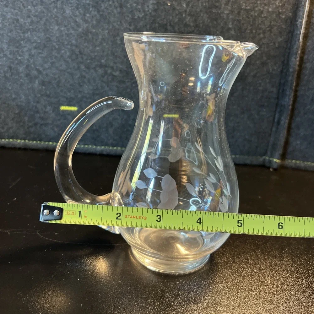 Vintage Princess House Heritage Glass Pitcher Flowers‎ Engraved/Etched 6 1/2